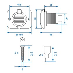 Prise-USB double à encastrer type A 3100mA 12V/24V