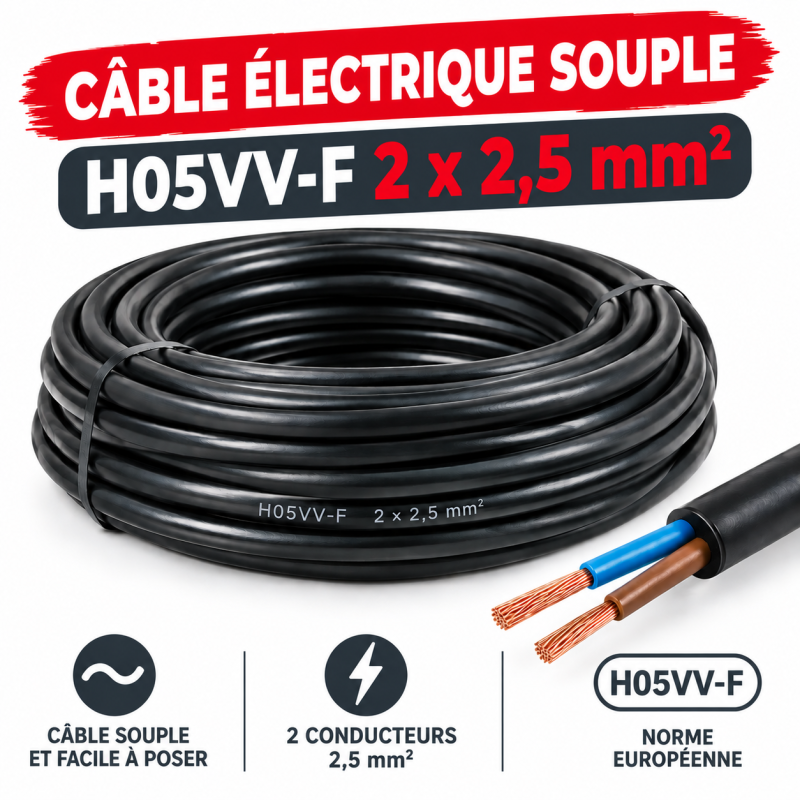 Câble électrique 2x2,5mm² souple H05VV-F - ICC