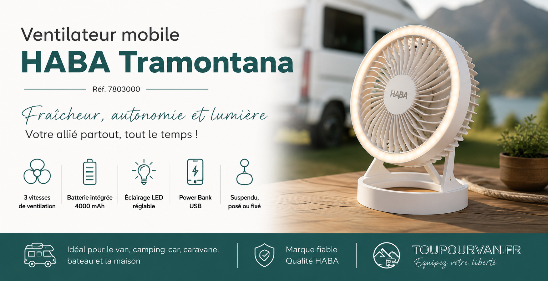 Ventilateur mobile avec batterie et lumière - Tramontana HABA